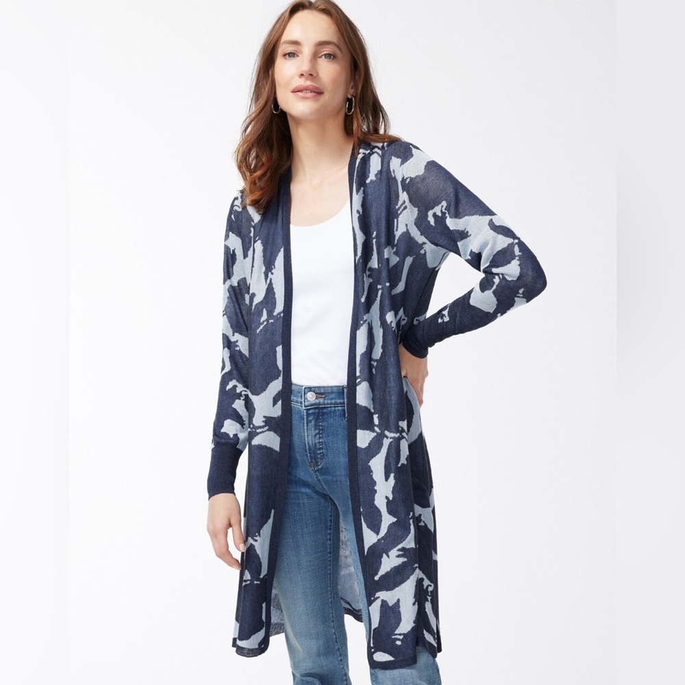 Chico's NWT Women's Cardigan Floral Open Front Long‎ Sleeve Blue, Size 1